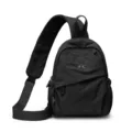 Black nylon sling bag for women, casual single shoulder chest backpack with zip pockets. - Black