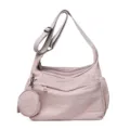 Pink nylon shoulder bag for women with multi-zipper compartments, adjustable strap, and coin pouch. - Light Pink