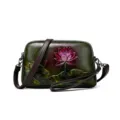 Retro embossed leather shoulder bag with artistic lotus design, vintage national style handbag. - Green