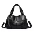 Black leather handbag large capacity multi-layer tote shoulder bag for women daily use. - Black