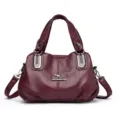 Stylish burgundy leather shoulder bag, multi-layer large capacity tote for women and moms. - Burgundy