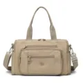Borsa a tracolla in nylon cachi, borsa casual multitasca con doppi manici superiori per donna. - Kaki