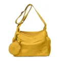 Yellow nylon shoulder bag with multiple zippers and round coin purse for daily commute. - Yellow
