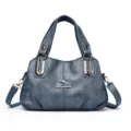 Blue multi-layer large capacity women handbag elegant PU leather shoulder tote bag - Blue