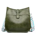 Green women crossbody bag with geometric pattern wide strap, casual vintage messenger bag. - Green
