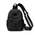 Black nylon mini backpack for women, casual daily commuter chest bag with multiple zip pockets. - Black