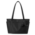 Black large capacity tote bag for women, work commuting shoulder bag with cute bow pendant. - Black