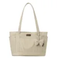Beige canvas tote bag for women work commuting large capacity shoulder bag with bow charm. - Off White
