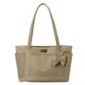 Large capacity canvas tote bag for women daily commuting shoulder handbag with cute bow pendant - Khaki