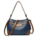 Women's blue and brown stylish shoulder bag, casual crossbody purse with multiple compartments. - Blue