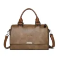 Vintage Brown PU Leather Handbag Tote Shoulder Bag with Top Handle and Hardware. - Khaki