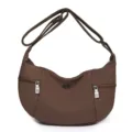 Brown crescent crossbody bag, casual fabric shoulder bag with zipper pockets, daily lightweight use. - Cocoa