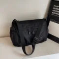 Sac bandoulière en nylon noir multi-poches sac de messager décontracté pour voyage quotidien - Noir