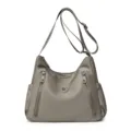 Waterproof nylon shoulder bag for women, casual commuter crossbody bag with multiple zip pockets. - Khaki