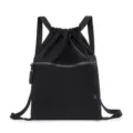 Black minimalist drawstring backpack, solid color sports gym bag with front zipper pocket. - Black