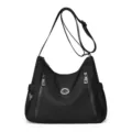 Borsa a tracolla in nylon nero da donna, borsa casual con tasche per lavoro quotidiano. - Nero