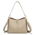Stylish beige leather shoulder bag, versatile bucket handbag for daily commute and travel. - Light Khaki