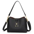 Black PU leather shoulder bag with chic metal rose decor, stylish daily crossbody bag. - Black