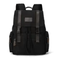 Sac à dos classique en toile noire avec lanières en cuir marron pour les voyages et les études. - Noir