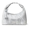 Silver metallic hobo handbag crinkled texture lunch shoulder bag with flower decor for women - Blue
