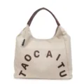 Sac cabas en toile tendance avec poignees en cuir marron et grande capacite quotidienne. - Blanc