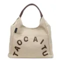 Sac cabas en toile beige avec poignée en cuir marron et broderie de lettres chic. - Khaki