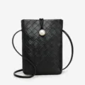 Sac bandoulière mini en cuir tressé pour femme, élégant sac téléphone portable chic et mode. - Noir