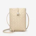 Sac bandoulière mini en cuir tissé beige avec accent de perle élégant sac de téléphone - Blanc Cassé