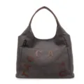 Grand sac cabas en toile grise avec anses en cuir marron et broderie de lettres élégante. - Gris