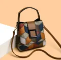 Sac seau en cuir patchwork géométrique, sac à bandoulière tendance pour femmes, usage quotidien. - Patchwork Bleu Marron