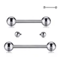 Gros plan sur les composants de piercing en alliage de titane G23, barre et billes. - 1.2x6x3x3mm / Boule argentée