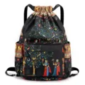 Sac à dos à cordon avec imprimé ethnique pour femme, sac de voyage élégant et noir. - Sous l'arbre