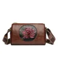 Sac bandoulière tonneau marron gaufré lotus rétro, sac messager élégant décontracté femme. - Brun Foncé