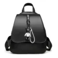 Élégant sac à dos noir en cuir PU pour femme avec adorable porte-clés ours pour le travail. - Noir