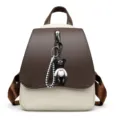Sac à dos chic couleur contrastée pour femmes, cartable élégant avec pendentif ours. - Café