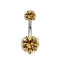 Stainless steel curved barbell navel ring with dual yellow cubic zirconia stones for body piercing. - Champagne