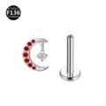 Titanium F136 Piercing Labret Stecker mit rotem Kristall Mond Top Design für Damen. - Mond Stil / 1.2x8mm / Rot Weiß