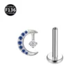 Titan Labret Piercing mit blauem Zirkon Mond Aufsatz und Innengewinde Stab Schmuck. - Mond Stil / 1.2x8mm / Blau und Weiß