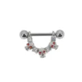 Close-up detail of punk style skull piercing jewelry with sparkling clear and red gems. - Clear and Red Rhinestone Style (M334) / 1.6x16mm