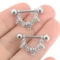 Gothic skull crystal nipple piercing rings for women, punk body jewelry main display shot. - White Rhinestone Style (M334) / 1.6x16mm