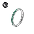 Titanium hinged segment ring with green cubic zirconia gems for septum and cartilage piercing. - 1.2x6mm / Silver Green