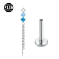 Titanium F136 labret stud cartilage piercing with chain tassel and cubic zirconia stones - Top Only (Without Post) / Chain Silver Sea Blue Gradient