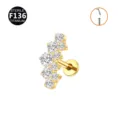 F136 Titanium cluster labret stud earring, elegant CZ crystal cartilage piercing. - 5-Rhinestone Gold (Push-in)