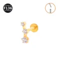 Gold color titanium 3-stone labret stud earring cartilage piercing body jewelry. - Gold Linear Stones (Push-in)