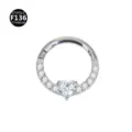 Titanium hinged segment ring body piercing jewelry featuring a sparkling heart cubic zirconia. - Silver Style 17
