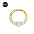 Gold titanium piercing ring with sparkling heart crystal and clear cubic zirconia stones. - Style 17 Gold