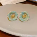 Blue flower stud earrings with gold stamen, elegant vintage style jewelry for women daily wear. - Flower Stud Style (63#)