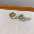 Charming green gradient flower stud earrings with delicate gold stamens for daily wear. - 02# Teal Gradient Enamel Flower Gold Stamen