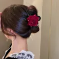 Pinza de pelo de rosa de terciopelo rojo para mujer, elegante pinza floral para moño. - 38# Pinza para el cabello - Rojo oscuro - Rosa con lazo