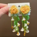 Chic yellow fabric rose green beaded long dangling earrings for women stylish floral jewelry. - Orange Flower Style (103#)
